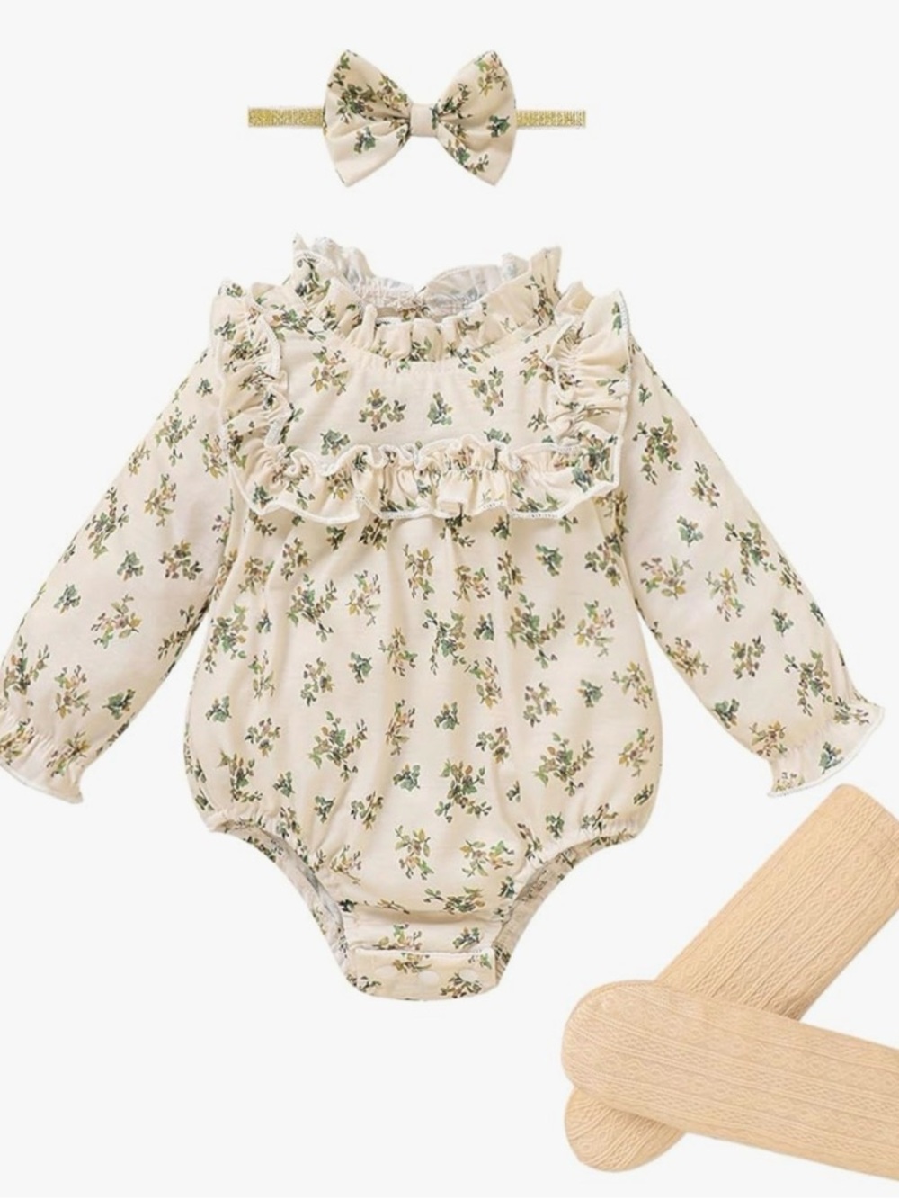 Green Floral Baby Long-Sleeve Romper with Headband Set (No socks)